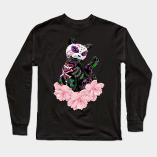 Day Of The Dead Sugar Skull Cat Pink Flowers Long Sleeve T-Shirt